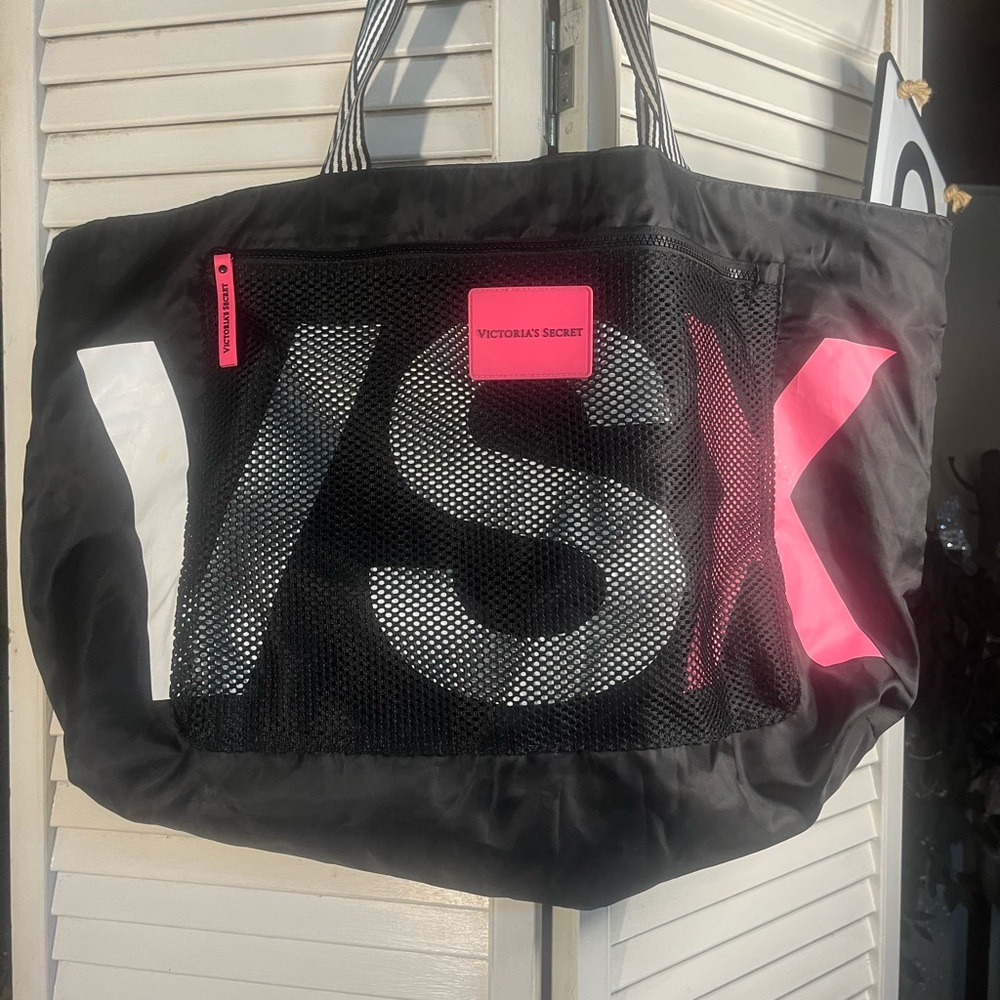 Victoria's Secret Limited VSX Black Large Tote with Pink Accents and zipper